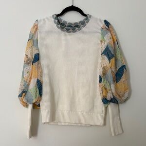 Cream Knit Sweater with Patchwork Puff Sleeves